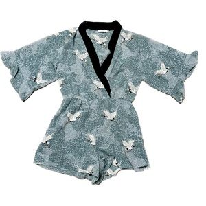 Lush Kimono Style Romper with Bird Pattern Sz L